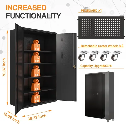 Miniatura 2 de Gabinete de almacenamiento de metal ancho mejorado, gabinete de garaje con cerradura de 72 pulgadas con ruedas y 4 estantes ajustables, gabinete