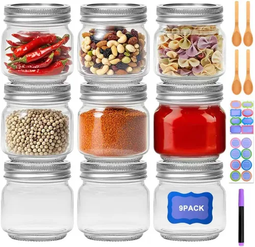 Maredash Paquete de 9 tarros Mason de 8 onzas, recipientes pequeños de vidrio con tapas, tarros de conserva, el juego incluye 8 cucharas de madera,