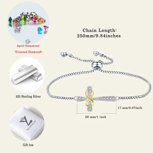 Miniatura 6 de YL Pulsera de cruz de plata de ley 925 con eslabones laterales infinitos, joyería de piedra natal para mujer