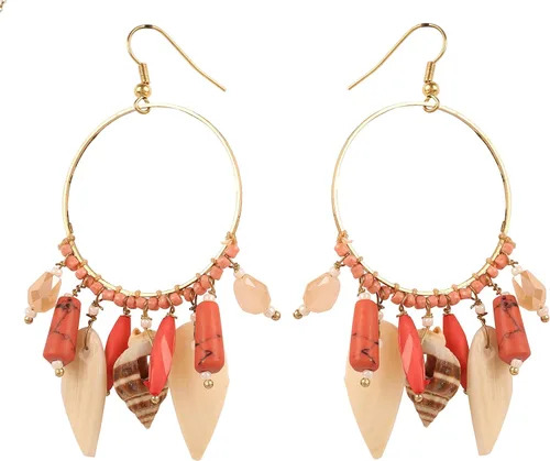 Touchstone Fresh Bollywood Brass Wire Hoop Shell Glass Beads Hangings Designer Fashion Jewelry Earrings In Antique Gold Tone For Women.