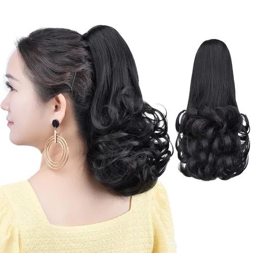 Miniatura 18 de Extensión de cola de caballo negra con clip de garra, ondulada, 10 pulgadas, 3.5 onzas, sintético, como verdaderos, postizos, para mujer, Yaki