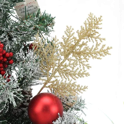 Miniatura 2 de DULRLLY 10 púas artificiales de hojas de Navidad, ramas de árbol de imitación doradas, adorno de árbol de Navidad, espray de hojas con purpurina