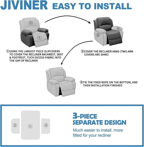 Miniatura 7 de JIVINER Fundas reclinables de gran tamaño de 3 piezas para sillón reclinable grande con bolsillos, tela jacquard elástica Lazy Boy funda para sofá
