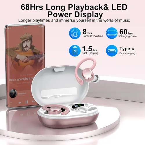 Miniatura 2 de sprtoybat Auriculares sobre la oreja con gancho, auriculares inalámbricos deportivos Bluetooth 5.4 2026, pantalla LED de 68 horas de reproducción