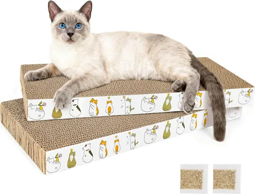 Miniatura 12 de PatiencET Paquete de 4 almohadillas para arañazos para gatos con caja, rascador de cartón para gatos de interior, rascador reversible con caja