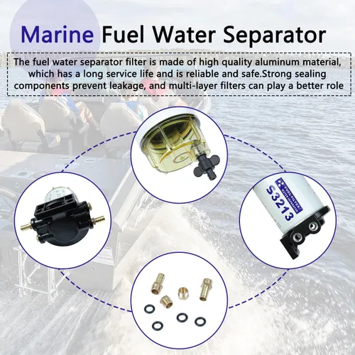 Miniatura 4 de Filtro de combustible separador de agua compatible con motor fueraborda Mercury Marine con púas de 3/8 pulgadas x 1/4 pulgadas NPT accesorios que