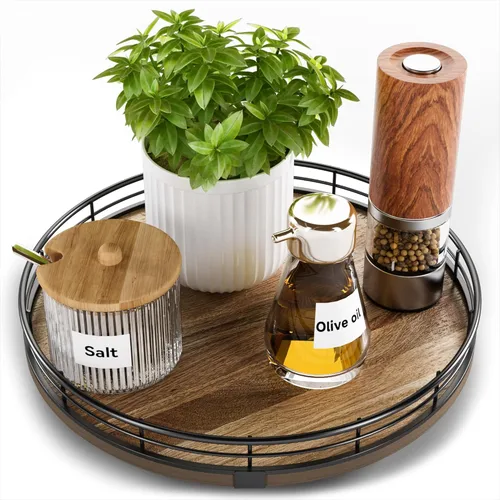 Miniatura 8 de Bandeja giratoria de tocador de Acacia de 9" para baño, organizador redondo de encimera de baño estilo granja para jabón y perfume, organizador