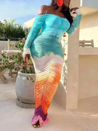Miniatura 2 de YOOTIKO Vestido ajustado fruncido para mujer, con hombros descubiertos, teñido anudado, manga larga, sexy, sin espalda, para club, fiesta, vestido