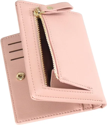 SUMGOGO Cartera pequeña para mujer, delgada, de piel, con tarjetero RFID, plegable, corto, con cremallera, bolsillo frontal, Rosado, Minimalista