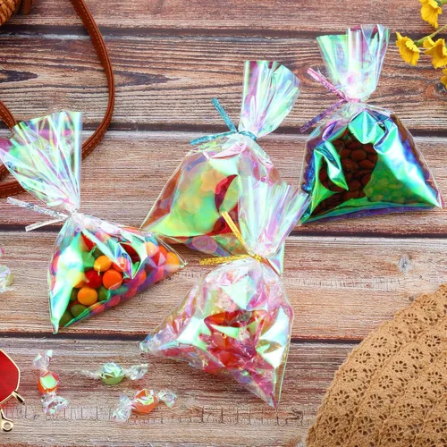 Miniatura 8 de Shappy 120 bolsas de celofán iridiscentes, pequeñas bolsas holográficas con lazos giratorios, envoltura de regalo iridiscente para boda, cumpleaños