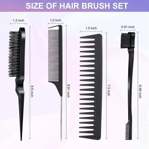 Miniatura 2 de Juego de 4 peines de pelo para peinar, cepillo de cerdas para el cabello, peine de cola de rata y peine de dientes anchos para mujeres, niñas y Negro