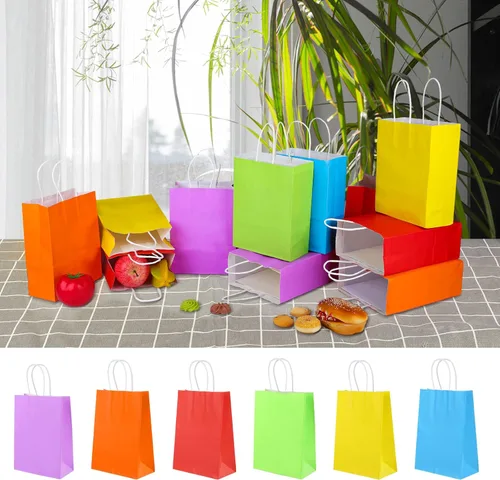 Miniatura 7 de XPCARE 200 piezas de bolsas de regalo de papel, 16 cm x 8 cm x 22 cm bolsas de papel kraft para fiestas a granel, bolsas de regalo arcoíris pequeñas