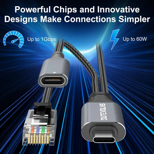 Miniatura 3 de Cable USB C a Ethernet y carga hembra de 6.6 pies, USB-C hembra 60 W PD y Gigabit LAN dos en uno, cable de nailon tipo C a RJ45, conectado
