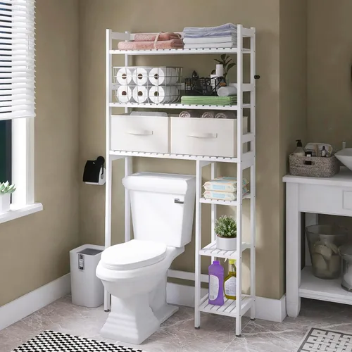 Miniatura 8 de SMIBUY Almacenamiento sobre el inodoro con cajones, estante organizador grande de baño para ahorrar espacio, soporte independiente detrás del Blanco