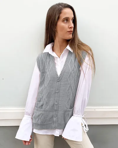 Miniatura 3 de TINKUY Chaleco peruano de lana de alpaca con cuello en V y rombos para mujer, S-4XL