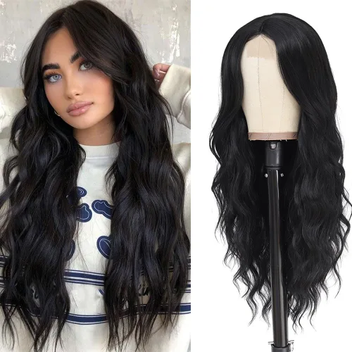 Miniatura 7 de Peluca larga negra ondulada con flequillo para mujer, 26 pulgadas, peluca sintética de aspecto natural de repuesto para uso diario, fiesta, cosplay