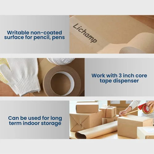 Miniatura 5 de Lichamp Cinta de embalaje de papel Kraft, cinta de envío marrón engomada para cajas y cartones, 2 pulgadas x 55 yardas x 7 mil
