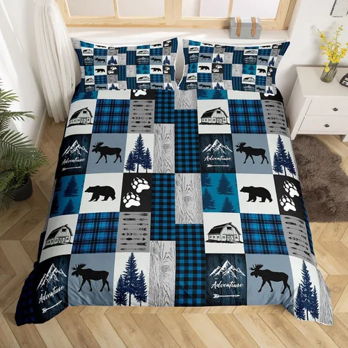 Miniatura 4 de Juego de funda de edredón rústica para niños, tamaño individual, diseño de ciervos, osos, pinos, decoración de habitación de niños, niñas y adultos