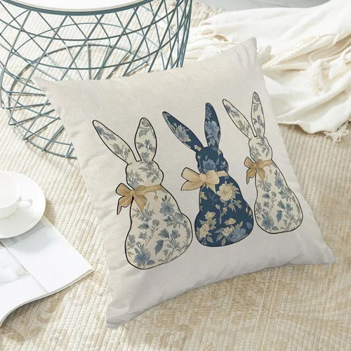 Miniatura 4 de CXMEIFLY - Fundas de almohada decorativas de Pascua 16 x 16 pulgadas, juego de 2 para decoración de estilo chinoiserie, flores azules, conejo