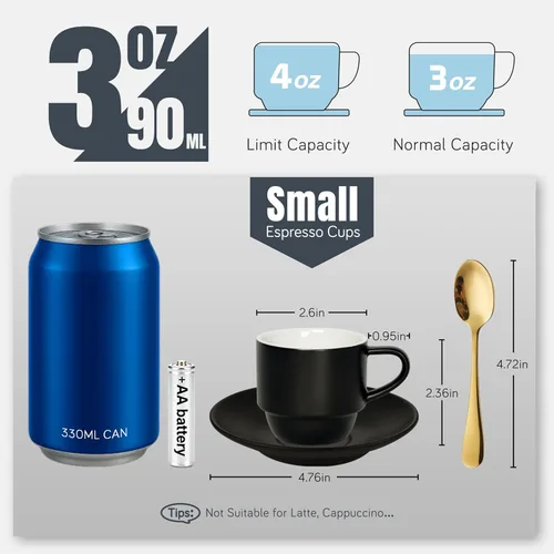 Miniatura 3 de Lareina Tazas de Espresso de Porcelana de 3 Onzas, Juego de 6, Pequeñas Tazas de Café Apilables con Platillos, Cucharas y Soporte de Metal - Tazas