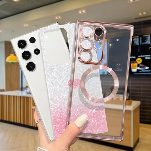 Miniatura 4 de ZONRW Funda magnética para Samsung Galaxy S22 Ultra, para mujeres y niñas, suave chapado de lujo, degradado, con purpurina, bonita funda de corazón