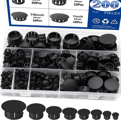 Tnisesm 200 piezas 8 tamaños tapones de agujero de plástico de nailon negro 1/4" 5/16" 3/8" 1/2" 5/8" 3/4" 7/8" 1" agujero redondo de taladro,