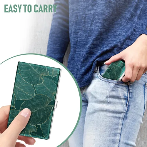Miniatura 6 de Swooflia Funda para tarjetas de visita para hombres y mujeres, de metal verde con hojas tropicales tropicales, monedero delgado de bolsillo, fundas