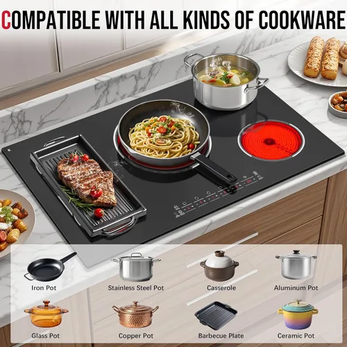 Miniatura 6 de Placa de cocina eléctrica de 5 quemadores, estufa eléctrica de 36 pulgadas 9600W, placa de cerámica incorporada con quemador para barbacoa, control