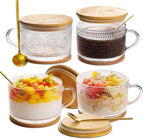 BOICHU Juego de Cristalería de Tazas de Café Vintage de 4 - 14oz Recipientes Herméticos para Avena Nocturna con Tapas y Cucharas, Tazas de Vidrio
