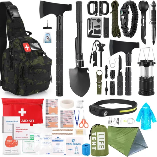 Miniatura 9 de Juego de supervivencia, 268 piezas, equipo y suministros de emergencia de supervivencia con kit de primeros auxilios, hacha de campamento, linterna