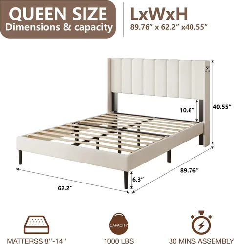 Miniatura 2 de Base de cama tamaño Queen con cabecero vertical Chanel acolchado y respaldo de alas, cama de plataforma tapizada, listones de madera fuertes, fácil