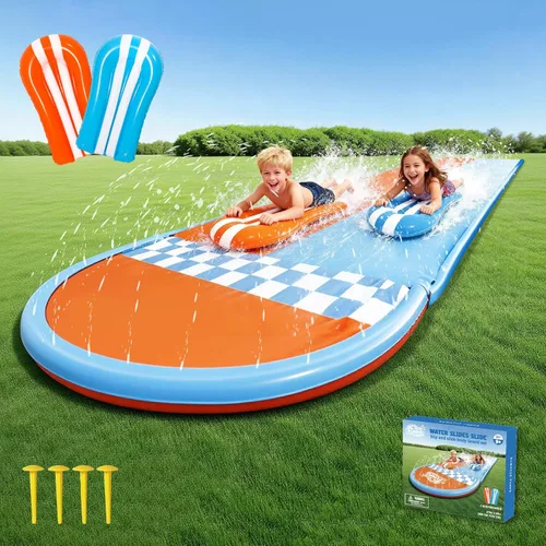 Miniatura 8 de Tobogán acuático inflable con 2 tablas de bodyboard, toboganes de agua de 22.5 pies para patio trasero de niños, sistema de rociadores multivías