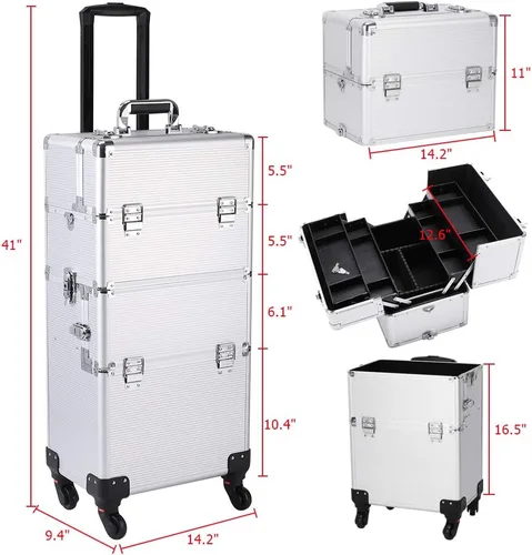 Miniatura 3 de Flandre Estuche de aluminio 3 en 1, organizador de cosméticos de belleza, caja de viaje de maquillaje, caja de tren con ruedas, bandejas plegables