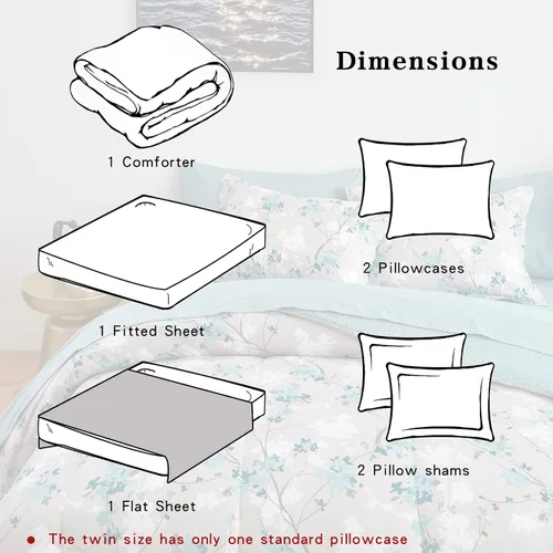 Miniatura 6 de Flysheep Juego de ropa de cama botánica gris en una bolsa, tamaño Queen, 7 piezas, diseño floral elegante con hojas grises aguamarina, para todas