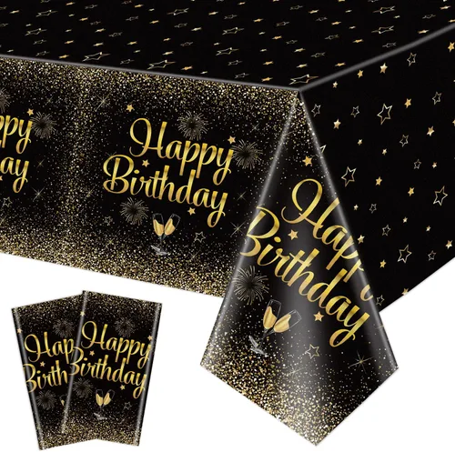 Paquete de 2 manteles de feliz cumpleaños color negro dorado, 51 x 87 pulgadas, desechables, de plástico, rectangulares, color negro y dorado, para