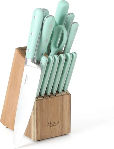Miniatura 11 de Martha Stewart Eastwalk Juego de 14 cuchillos de acero inoxidable de alto carbono con mango forjado remachado triple de ABS, bloque de madera de Gris