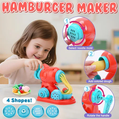Miniatura 3 de Crelloci Juego de 4 en 1 de plastilina de colores para cocina, máquina de creación de helado, fideos, hamburguesas y pastel, juguetes de modelado