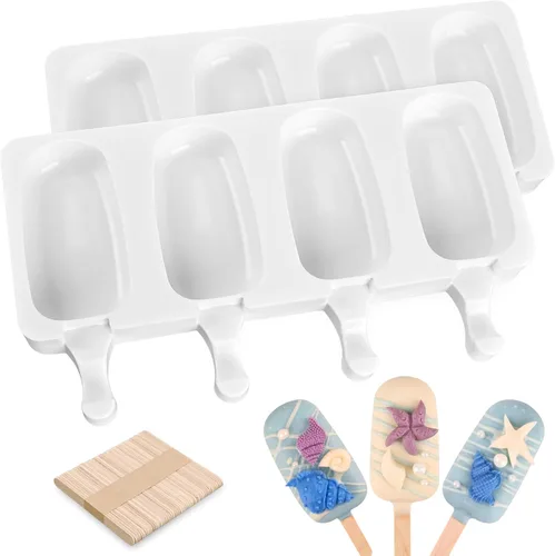 Miniatura 13 de Sakolla 2 paquetes de moldes de silicona para paletas, moldes de helado de diamante de 4 cavidades con 50 palos de madera para paletas de hielo