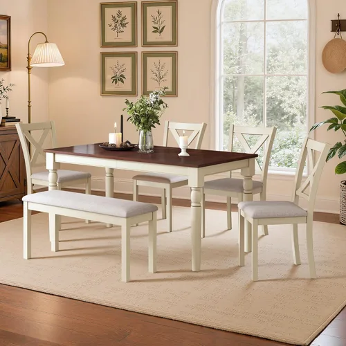 Miniatura 9 de LUXOAK Juego de mesa de comedor de madera maciza de 60 pulgadas para 6, mesa de cocina de granja con 4 sillas tapizadas y banco, 6 piezas de muebles