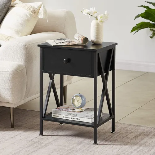 Miniatura 8 de VECELO Mesita de Noche Moderna, Mesa de Noche con Cajón y Estante de Almacenamiento para Sala de Estar y Dormitorio, Marco de Metal Industrial Negro