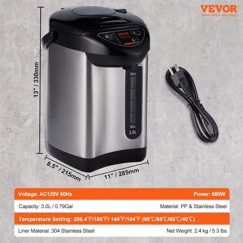 Miniatura 7 de VEVOR Dispensador de agua caliente, caldera y calentador de agua ajustable de 4 temperaturas, calentador de agua de encimera de acero inoxidable