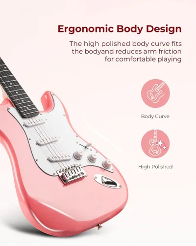 Miniatura 2 de Vangoa - Kit de guitarra eléctrica de tamaño completo de 39 pulgadas para principiantes, cuerpo sólido, color rosa, con pastillas SSS, amplificador