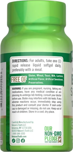 Miniatura 7 de Nature's Truth Biotin 10,000mcg Cápsulas blandas de liberación rápida 100 unidades Suplemento sin OMG y sin gluten