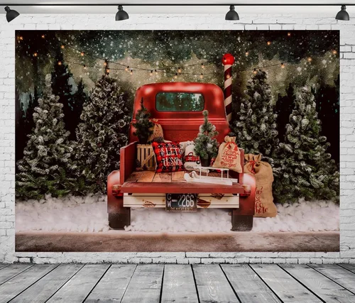 Miniatura 2 de BELECO Telón de fondo rojo de Navidad de 12 x 8 pies para fotografía, bosque nevado de invierno, regalos de automóvil, camión, Navidad, fondo