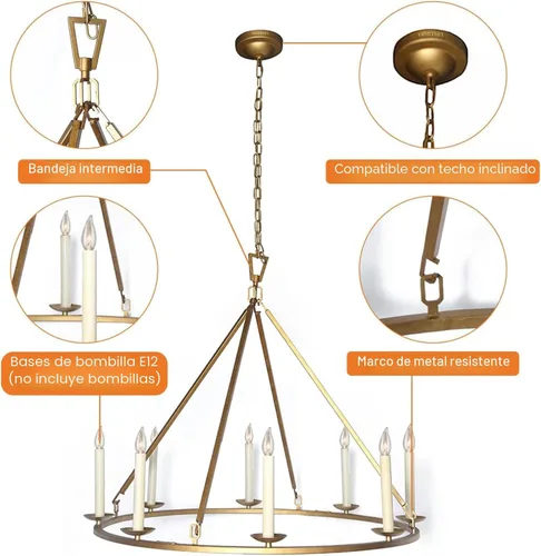 Miniatura 2 de LOVEDIMA Candelabro de rueda de carro, color dorado, rústico, de 35.4 pulgadas, con forma de vela, de metal con forma de vela, lámpara colgante