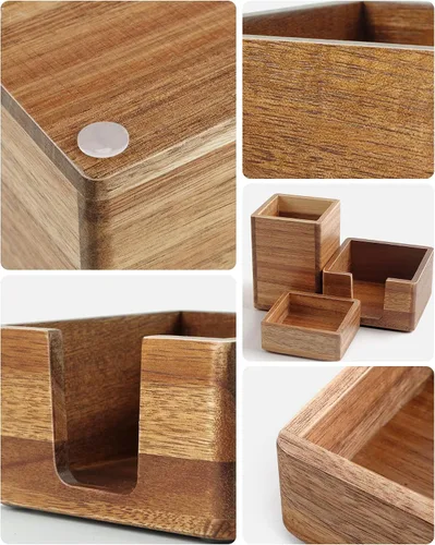 Miniatura 2 de Juego de organizador de escritorio de madera de acacia con soporte para notas adhesivas, vaso para lápices y bolígrafos y almacenamiento de clips