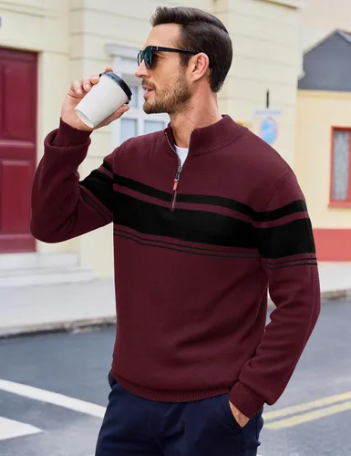 Miniatura 3 de MAGCOMSEN Suéteres de algodón con cremallera de 1/4 para hombre, suéter tipo polo, a rayas, para otoño e invierno, sudaderas cálidas