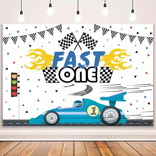 Miniatura 2 de MEHOFOND Fondo de 1er cumpleaños de coche de carreras de 7 x 5 pies, color azul rápido, fiesta de cumpleaños, fotografía de fondo, tema de coche