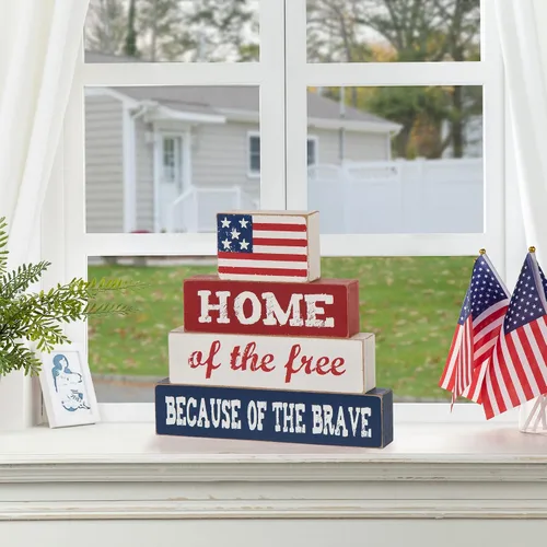Miniatura 3 de Glitzhome Bandera estadounidense de 8 pulgadas de alto, decoración patriótica del hogar de los libres por el valor de madera para el 4 de julio, Día
