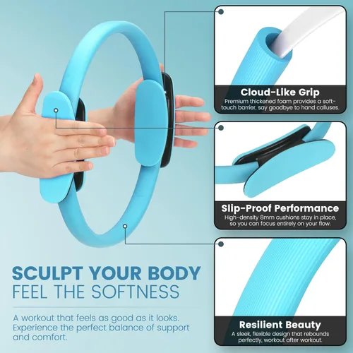 Miniatura 4 de Kit esencial de anillo de pilates para mujer, equipo de entrenamiento en casa con pelota de 9.8 pulgadas, bandas de resistencia, círculo mágico, Azul